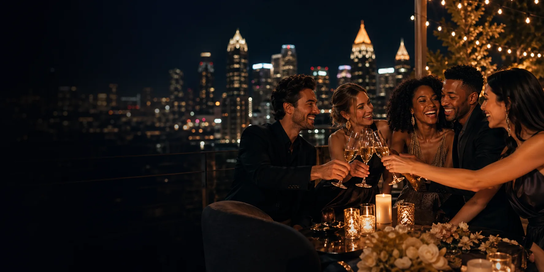 Upscale Atlanta rooftop celebration with diverse friends toasting champagne at night