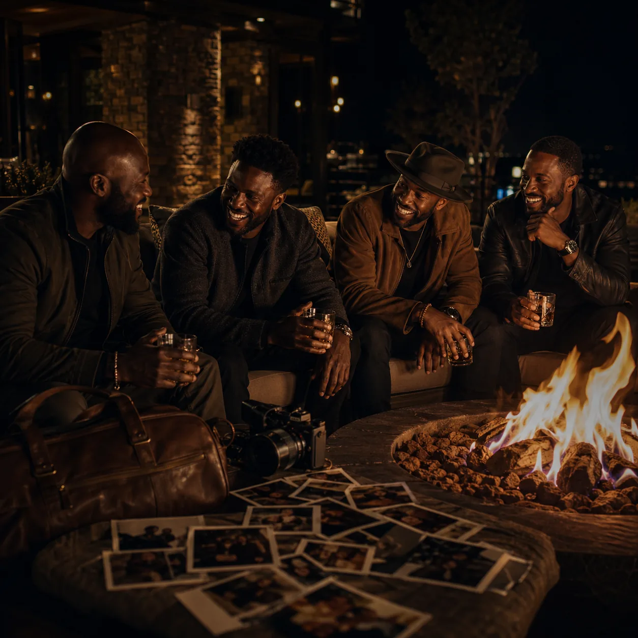 African American men gathered around a fire during a meaningful night trip